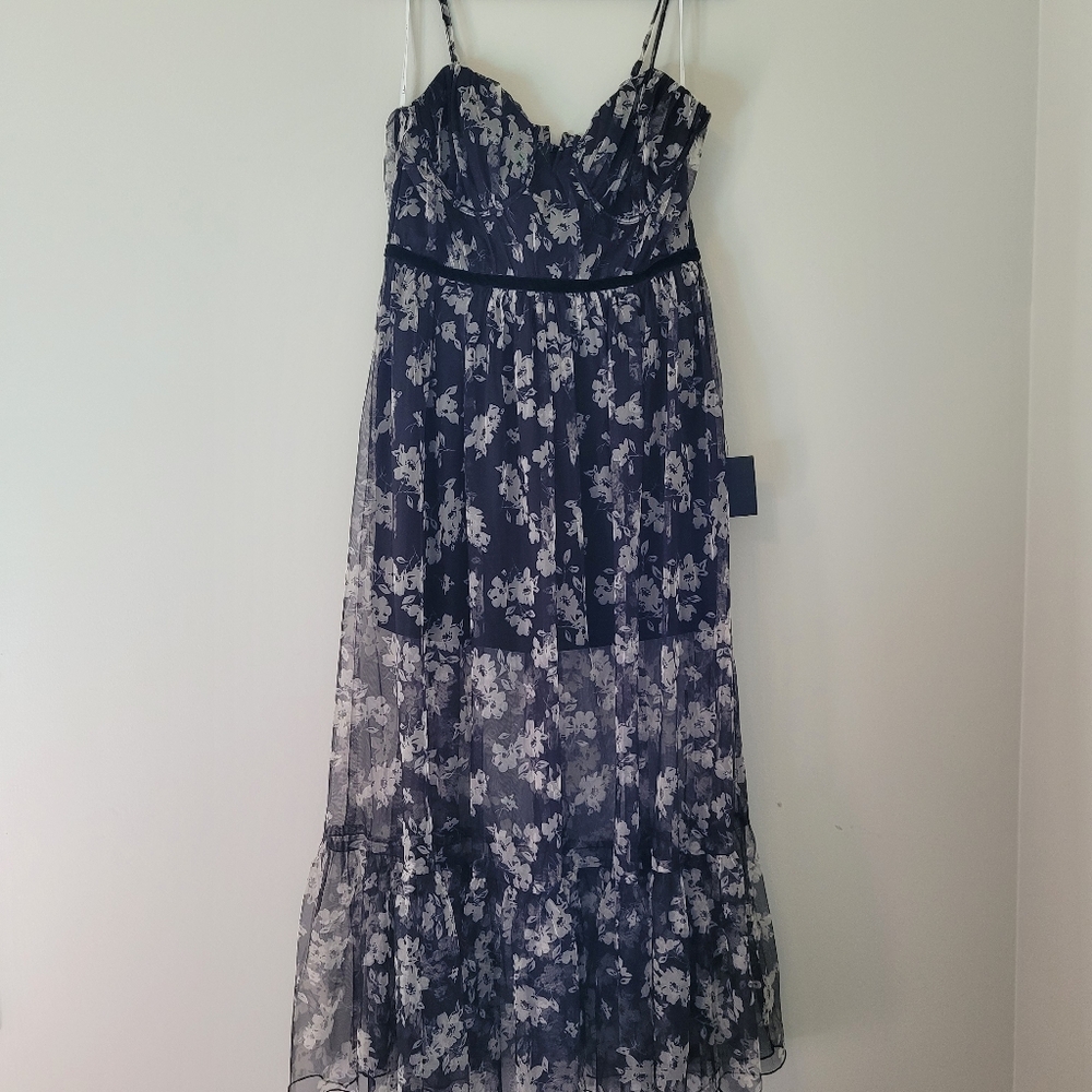 Lulus Black Floral Print Tulle Bustier Maxi Dress NWT